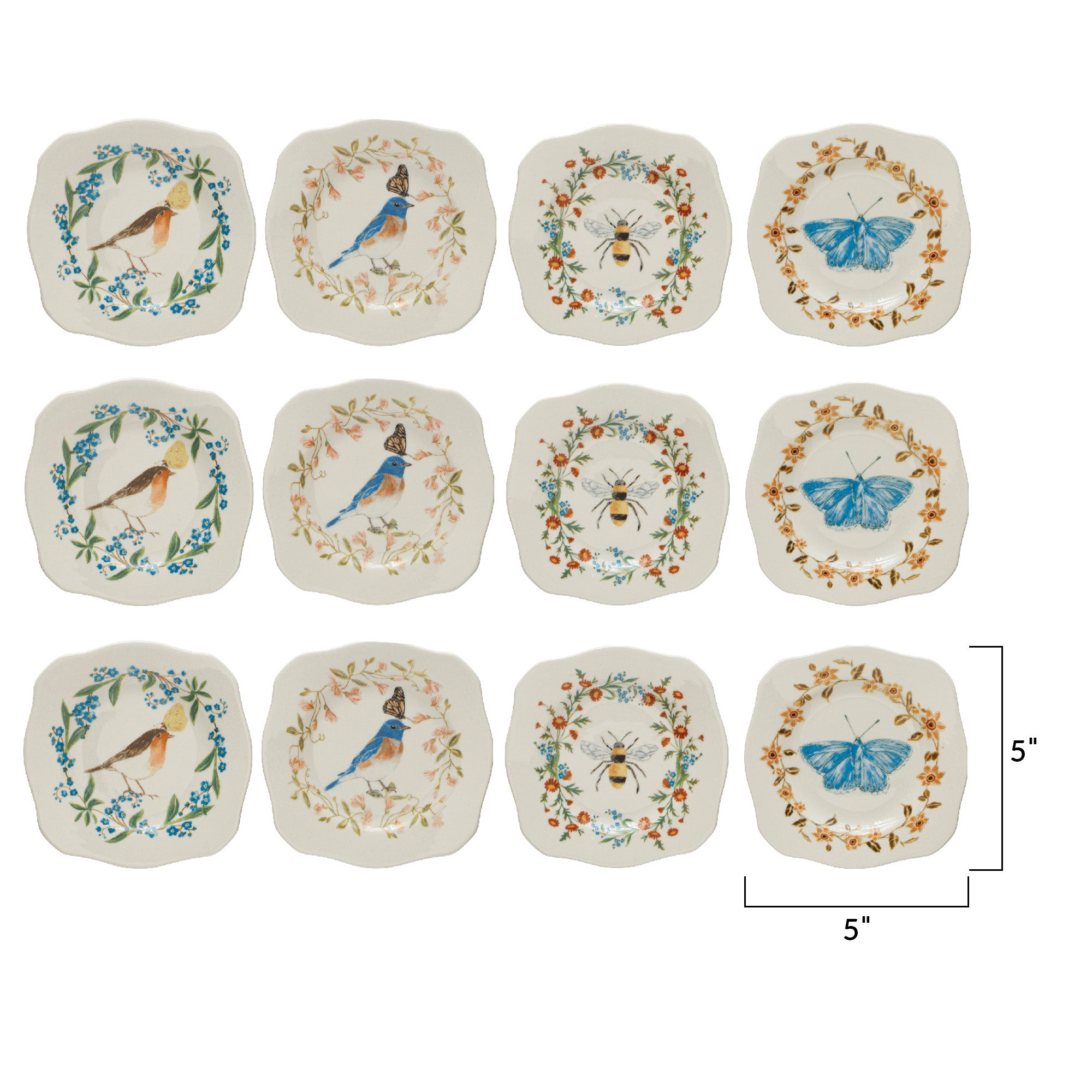 Painted Fauna Stoneware Plates With Scalloped Edge (Set of 12)